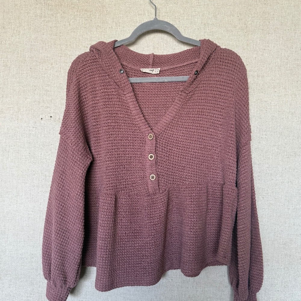 Waffle Knit Mauve Hooded Top | Size M | Cozy Button Front Long Sleeve